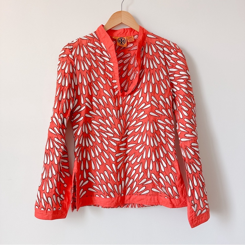 Tory Burch Orange White Embroidered Tunic Top